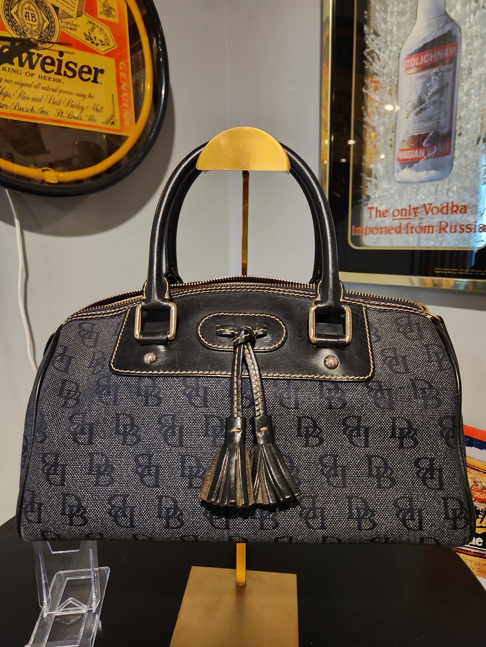 Denim Dooney & Bourke Monogram Satchel Handbag with Tassel Accents